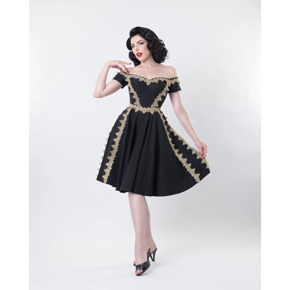 Rockin Bettie Boulevard Nights Mariachero Swing Dress - Black/Gold XL
